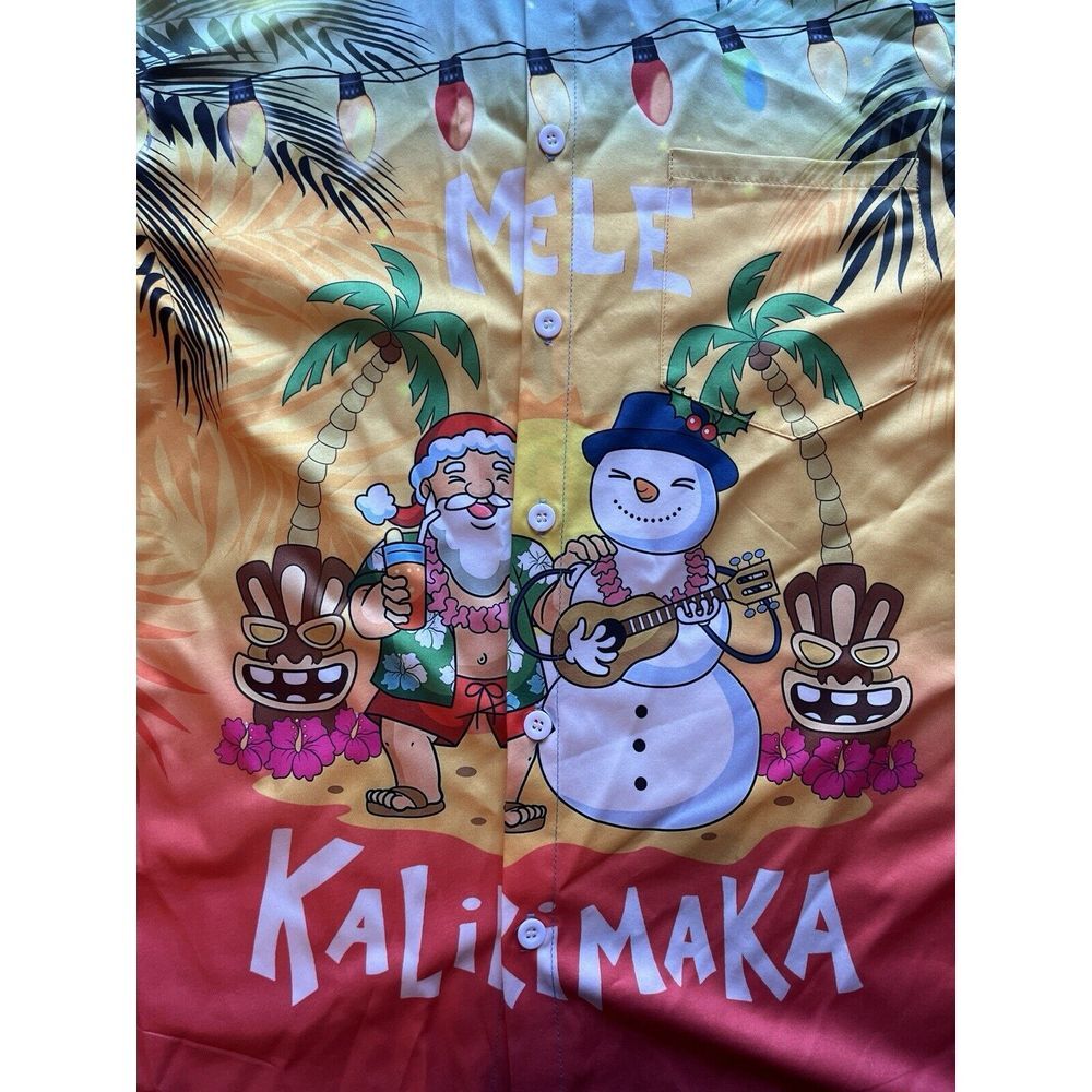 Mele Kalikimaka Hawaiian Christmas‎ Short Sleeve Button Shirt Mens M